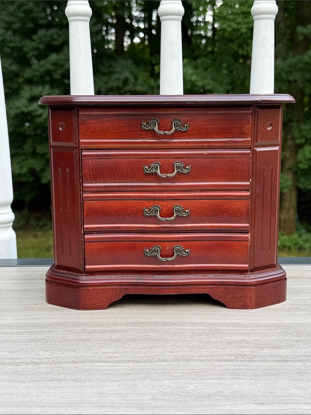 Vintage Wood Finish Red Jewelry Organizer Chest with Antique Brass Handles